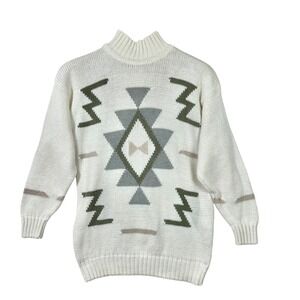 Vtg Lizwear Sweater Cream Green Tan Mock Neck Geometric Pattern Southwestern